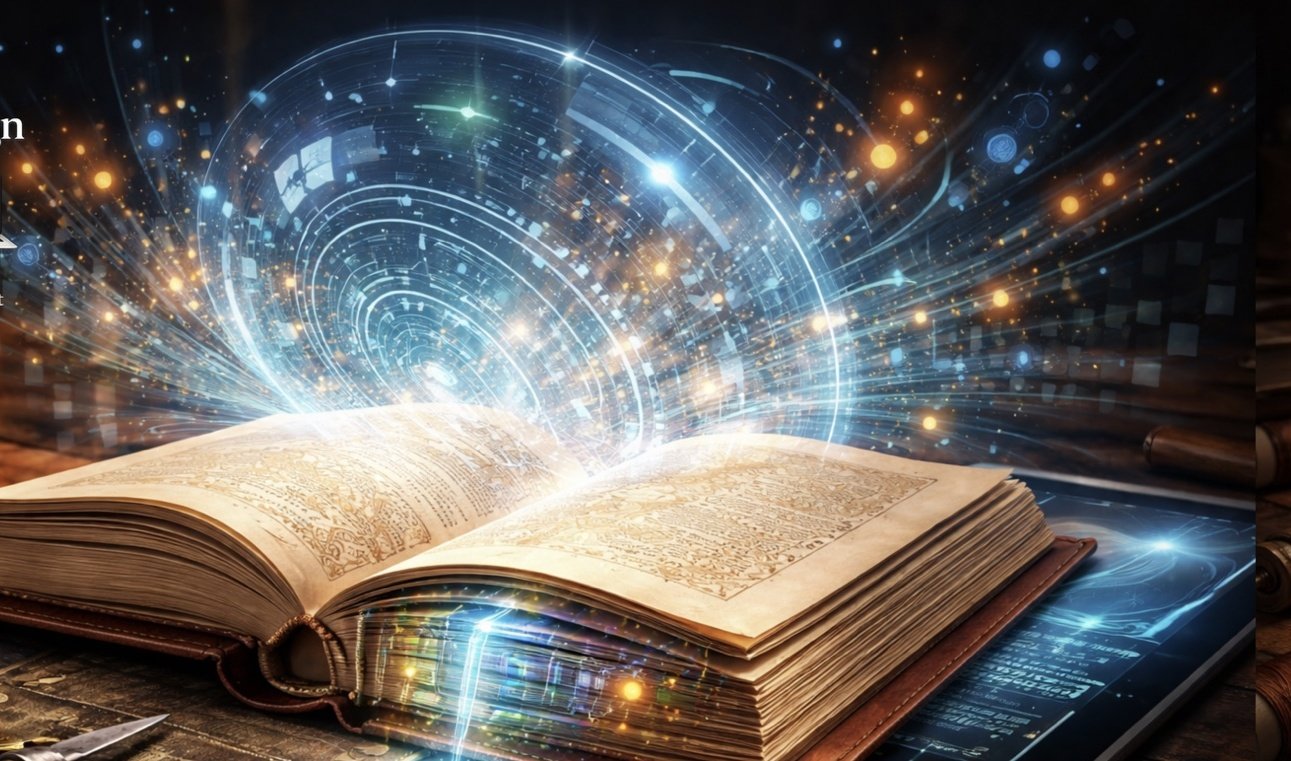 Open book with digital technology visualisation