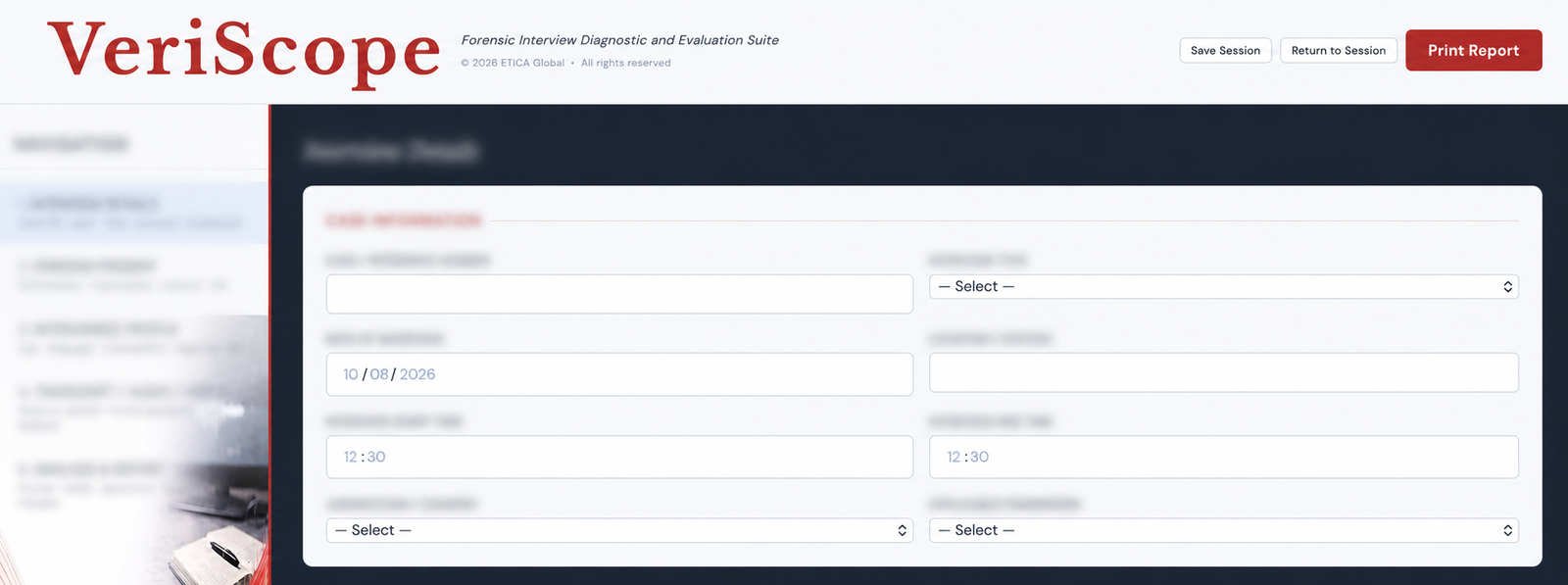 VeriScope interface with headings blurred